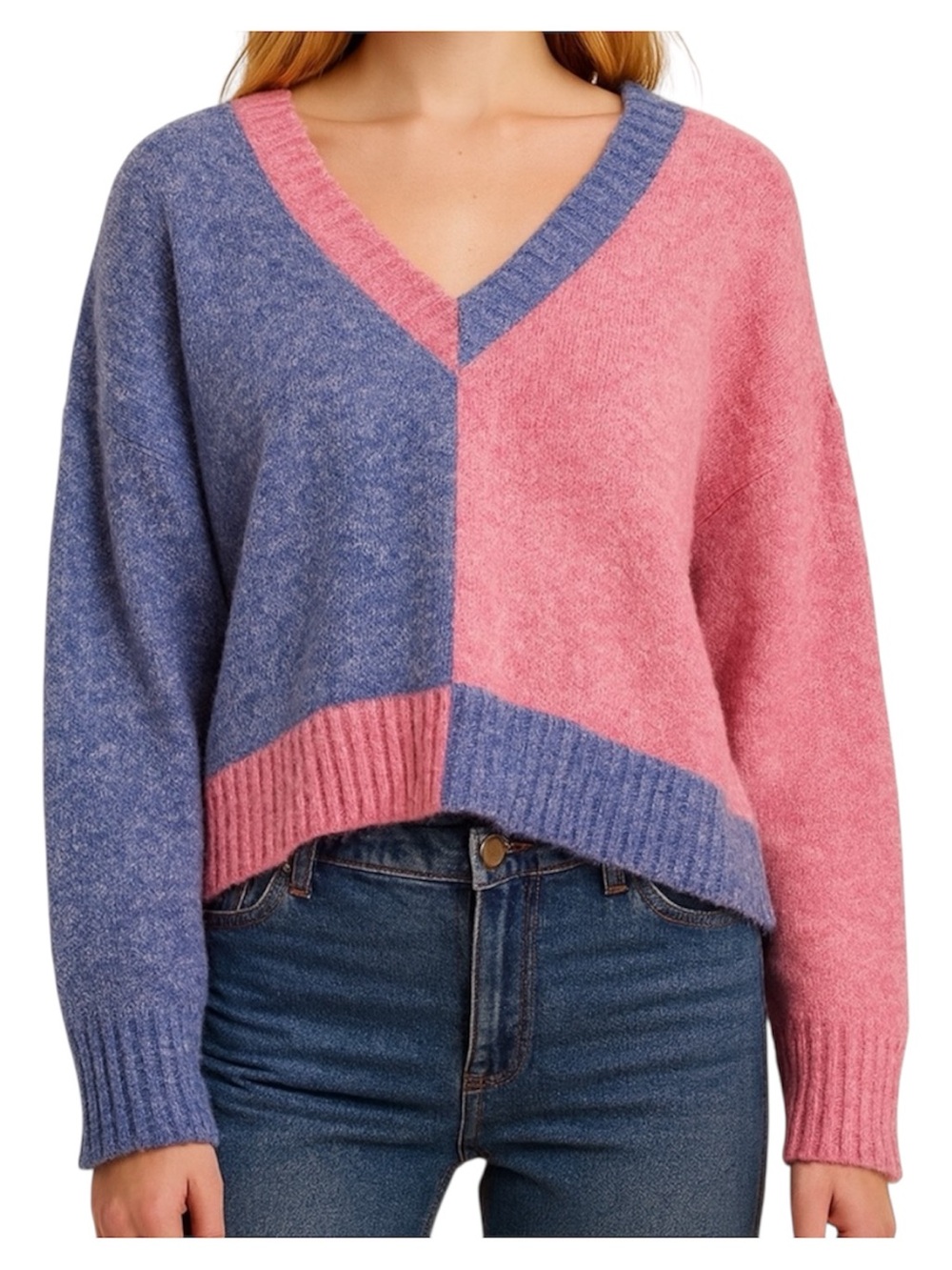 Circus NY Sam Edelman Medium Pink Blue Colorblock Cropped Oversized Sweater